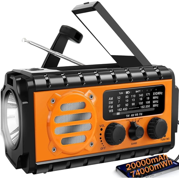20000mah Hand Crank Emergency Radio,SW/NOAA/AM/FM Weather Radio, Solar Powered Chager with Bige Batery Powered,Portable,Cellphone Charge,SOS,Flashlight for Emergency/Home (Orange)