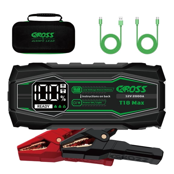 CAROSS T18 Max Portable Car Jump Starter and USB Power Bank with 2,000-Amp Peak, Heavy-Duty Clamps, Boost, LED Light, and QC Fast Charger