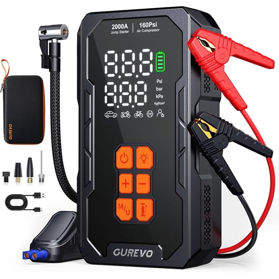 2000A Jump Starter with Air Compressor, Car Battery Jumper Starter Portable with 160PSI Auto-Shutoff Tire Inflator, Car Battery Charger Jump Box for 8.0L Gas/6.0L Diesel Engines