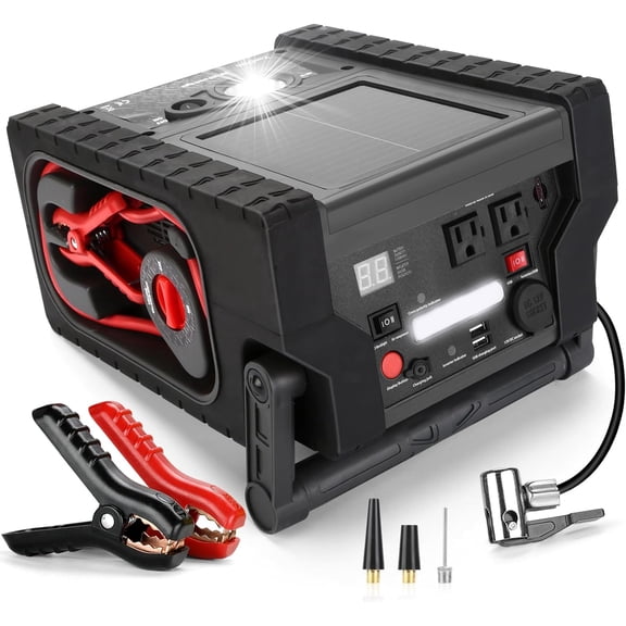 2000A Peak Car Battery Jump Starter with Air Compressor Tire Inflator, All in One Heavy Duty 12V Battery Jumper Box Car Start Booster Up to 10L Gas/8L Diesel Engines with 400W AC Inverter, LED Light