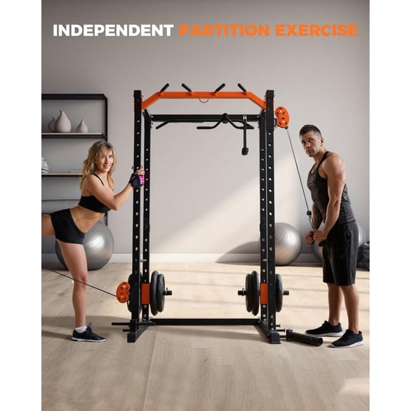 2000LB Power Cage Power Rack Squat Rack - Dual Adjustable Pulley Cable Crossover & Lat Pulldown - Multi-Functional Full-Body Strength Training Cage - Orange/Black
