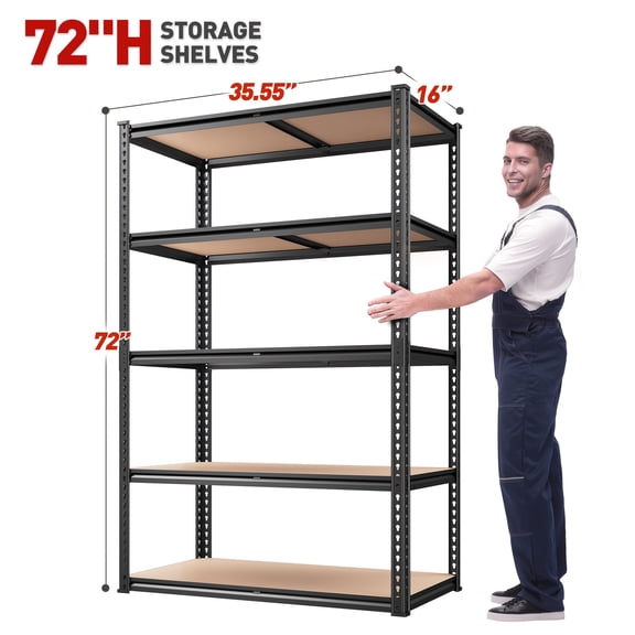2000LBS 5-Tier Heavy Duty Metal Garage Shelving - 72"Hx35.5"Wx15.8"D Adjustable Storage Rack, Rust-Resistant Utility Shelves for Basement/Pantry/Closet, Black