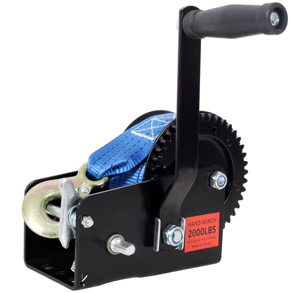 2000LBS Hand Winch with 26FT Blue Strap Black Shell 4.1:2.4:1 Gear Ratio Two-Way Ratchet Manual Winch for Trailer Boat ATV Towing