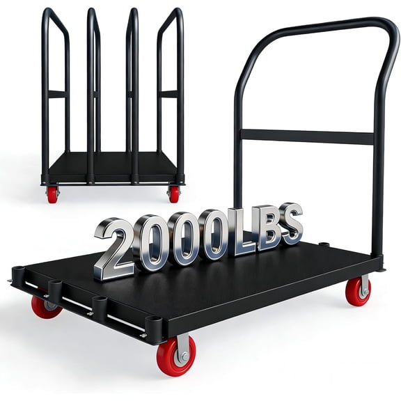 2000LBS Heavy Duty Folding Platform Cart - Dual Side Handrails - 37x24 Inch All-Weather Rolling Computer Tower Dolly-5" 360° Swivel Wheels-Black | Two Brake Wheels+Two Global Wheels