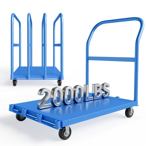2000LBS Heavy Duty Folding Platform Truck-Side Handrails-37x24 Inch Flatbed Computer Tower Cart-5" 360° Swivel Wheels-Blue | Two Brake Wheels+Two Global Wheels