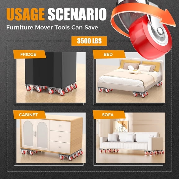 2000LBS Heavy Duty Furniture Dolly & Mover - 6.4" Carbon Steel Panel with 5X 360 Wheels, Non-Slip Sliders & Lifter for Sofa, Piano, Appliances (Red)