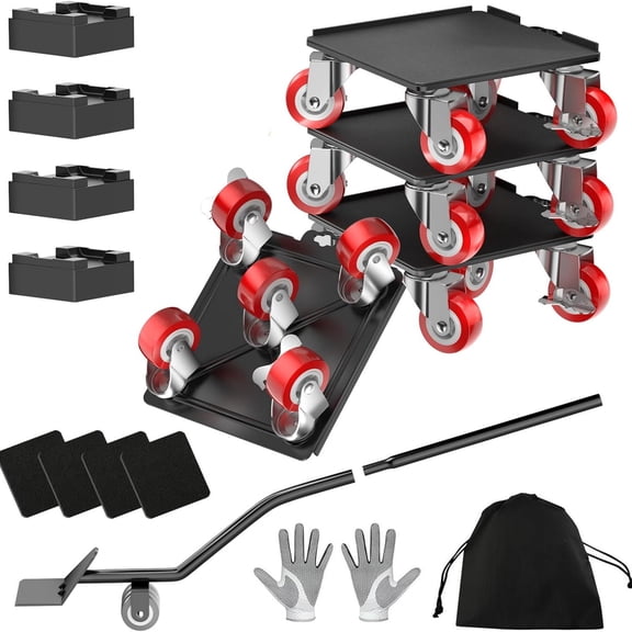 2000LBS Heavy Duty Furniture Dolly & Mover - 6.4" Carbon Steel Panel with 5X 360 Wheels, Non-Slip Sliders & Lifter for Sofa, Piano, Appliances (Red)