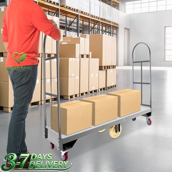 2000LBS Load Heavy Duty Steel U-Boat Platform Dolly, 64.6x15.7" Anti-Slip Deck Detachable Side Guards Transport Cart with Wheels for Warehouse Factory