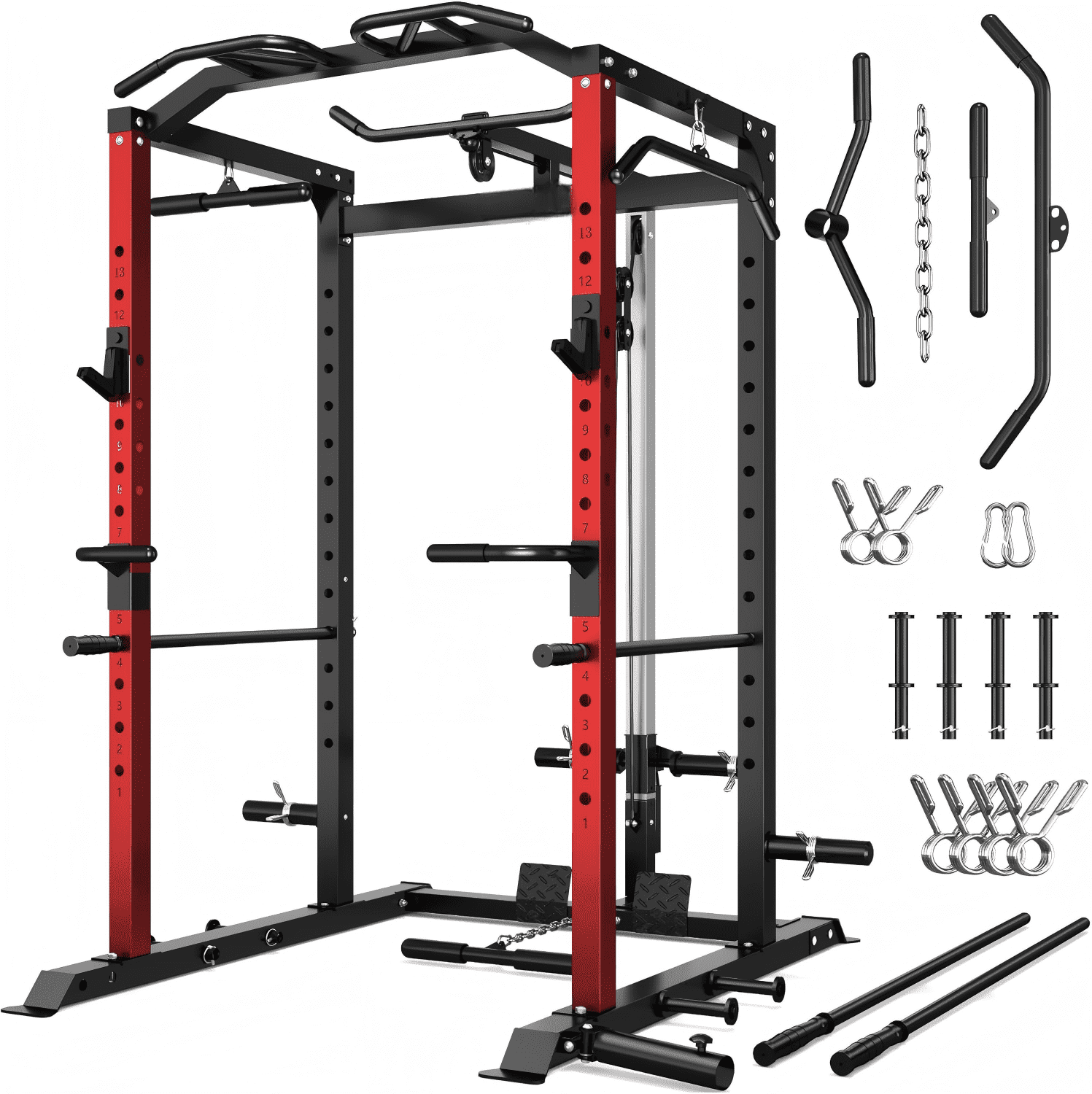 2000LBS Power Cage Squat Rack with LAT Pulldown System, Multi-Function Weight Cage Strength Training Machine, Home Gym Workout Cage with Multiple Attachments for Garage & Home Fitness