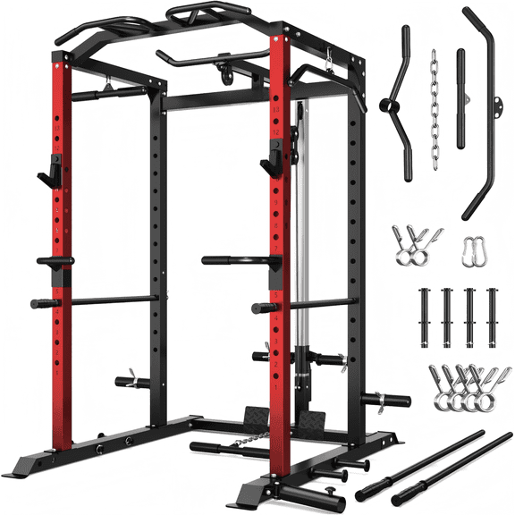 2000LBS Power Cage Squat Rack with LAT Pulldown System, Multi-Function Weight Cage Strength Training Machine, Home Gym Workout Cage with Multiple Attachments for Garage & Home Fitness