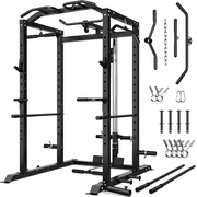 2000LBS Power Cage Squat Rack with LAT Pulldown System, Multi-Function Weight Cage Strength Training Machine, Home Gym Workout Cage with Multiple Attachments for Garage & Home Fitness
