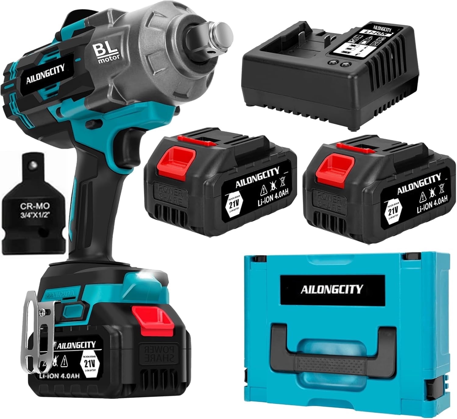 2000Nm(1500ft-lbs) Cordless Impact Wrench,3/4 inch High Torque Brushless Impact Gun, 5500RPM Power Batt ery Impact Wrench w/ 2 x 4.0Ah Bat tery, Fast Charger for Heavy Duty Truck Mower