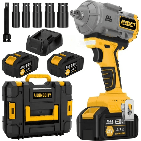 1300N.m(740ft-lbs) Cordless Impact Wrench, 1/2 Inch High Torque Brushless 21V Impact Gun w/ 2 x 4.0Ah Battery & Fast Charger & 5 Sockets, Pistola De Impacto for Home Car Tires Truck Mower