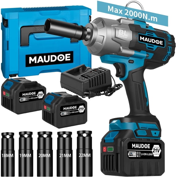 2000Nm Cordless Impact Gun, 1/2" 1500Ft-lbs Heavy Duty Impact Wrench with 2 x 6.0Ah Battery & 5 Sockets, 21V Brushless High Torque Electric Pistola Llave de Impacto for Car/Truck RV/Mower