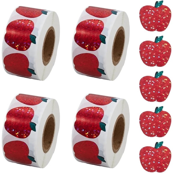 2000PCS Laser Apples Sticker Roll 4 Rolls Back to School Apples Stickers Roll 0.98in Red Waterproof Self-Adhesive Decals Sparkly Fruit Stickers
