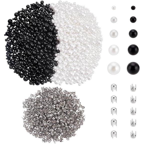 2000Pcs 11 Styles Imitation Pearl Claw Beads Kit with Nailhead Dome Studs 4/6/8/10/12mm No Hole Round Plastic Pearl Beads for Clothes Belt Bag Shoe Skirts