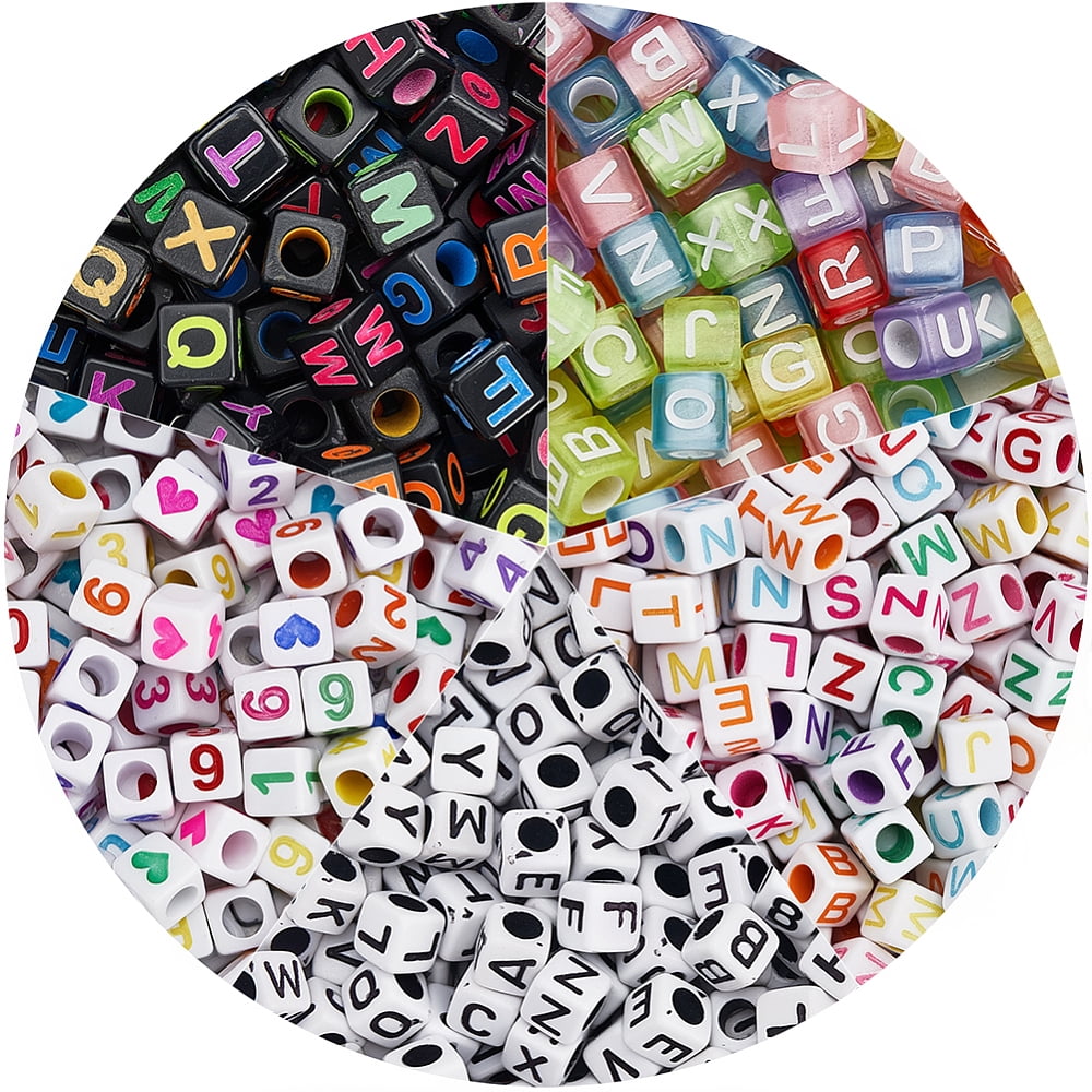 2000Pcs 6 Styles Transparent & Opaque Acrylic Beads Horizontal Hole Cube with Letter/Number/Heart Mixed Color 5.5~7x5.5~7x5.5~7mm Hole: 3~3.5mm