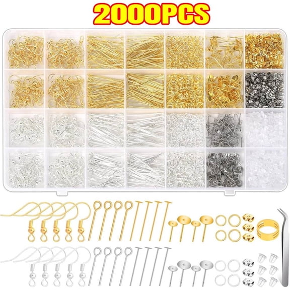 2000Pcs Earring Making Supplies Kit - Hypoallergenic, Includes Hooks, Findings, Posts, Backs, Pins, Jump Rings for Jewelry Making