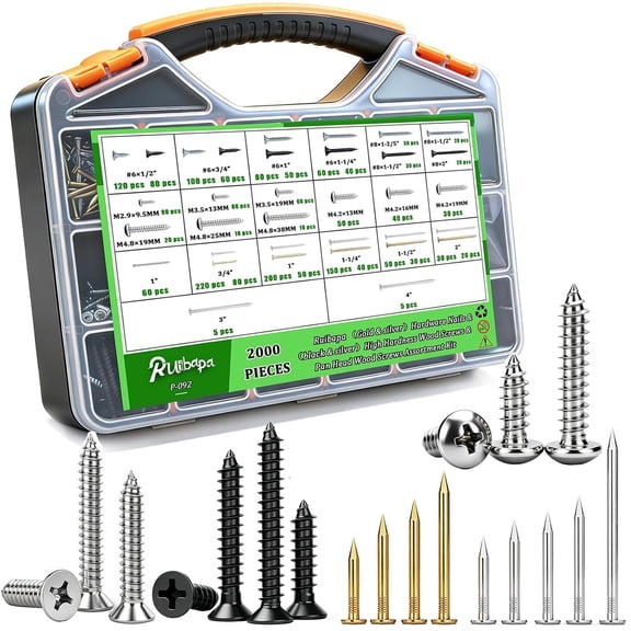 2000Pcs Hardware Nails & High Hardness Wood Screws & Round Head Sheet Metal Screws Assortment Kit,Phillips Drive Flat Head, Wood Screws,Galvanized,Picture Hanging,Wood,Common Nails with Storage Box