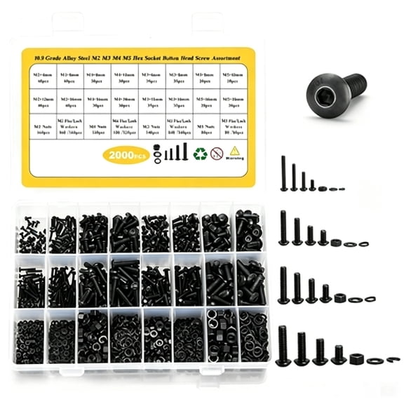 2000Pcs Metric Screws Assortment Kit (M2/M3/M4/M5), Hex Socket Button Head Black Machine Screws with Nuts and Washers, 10.9 Grade Alloy Steel for 3D Printing