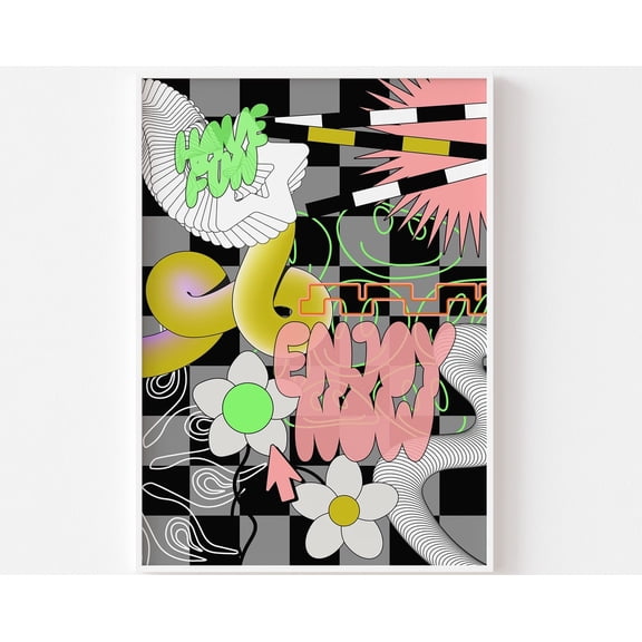 2000S Postmodern Maximalist Print - Psychedelic Surreal, Y2K, Retro, Funky Trendy Poster, Neon Pastel, Trippy, Enjoy Now, Positive, Abstract Wall Art, Modern Wall Decor, 8x12 UNFRAMED