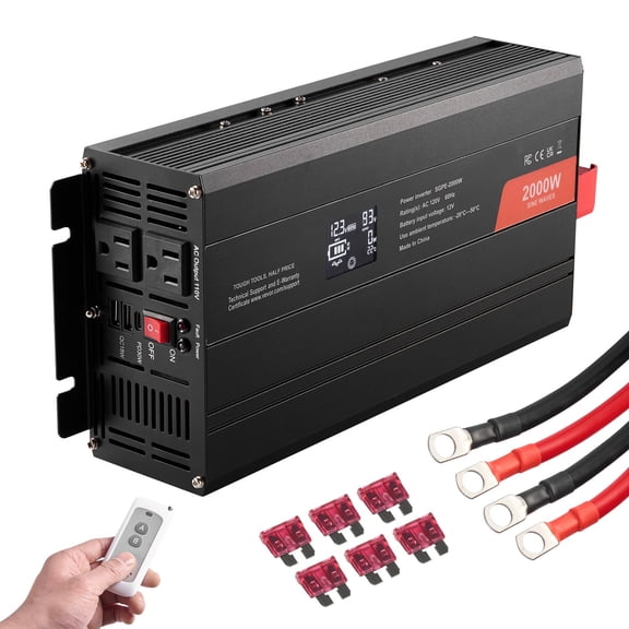 2000W 12V DC to 110V AC Power Inverter with LCD Display, Remote Control, Dual AC Outlets, USB&Type-C Ports for Home, RV, Truck Use