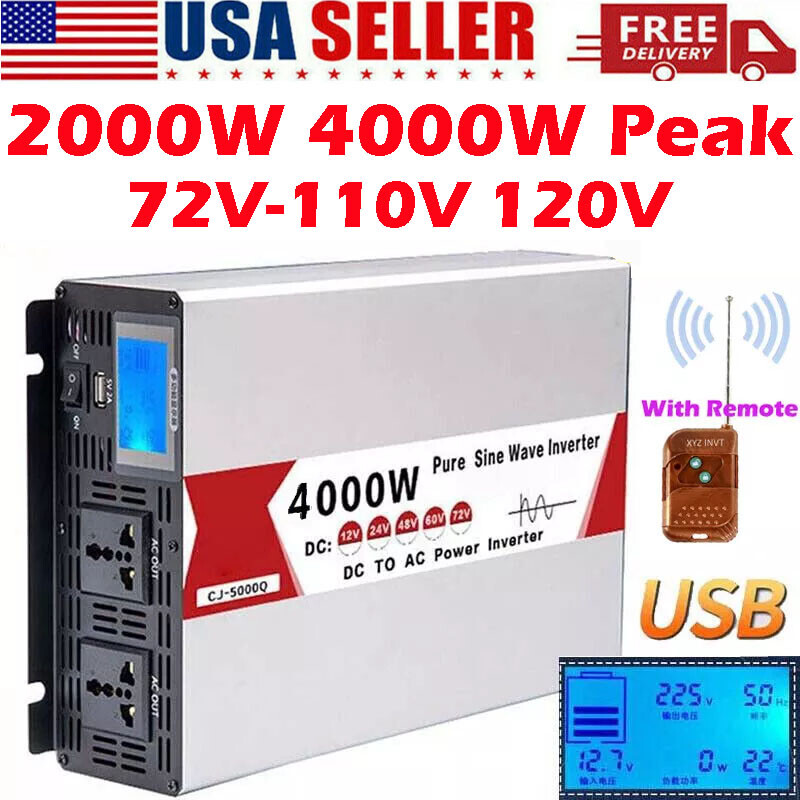 2000W 4000W Max 72V to 110V 120V Pure Sine Wave Power Inverter Car Converter USB