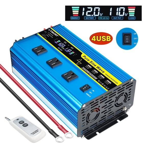 2000W 4000W Peak Pure Sine Wave Power Inverter Car Converter DC 12V to AC 110V/120V with 4USB & 3AC Outlets, LCD Display, Remote Control for Car, RV, Camping, Outdoor & Home Emergency Use Blue