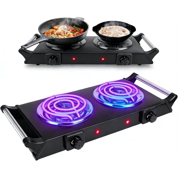 2000W Double Coil Electric Burner Portable Countertop Stove with 5-Level Temperature Control Cast Iron Hot Plate for RV Home and Camping 110V Easy to Clean with Stay-Cool Handles