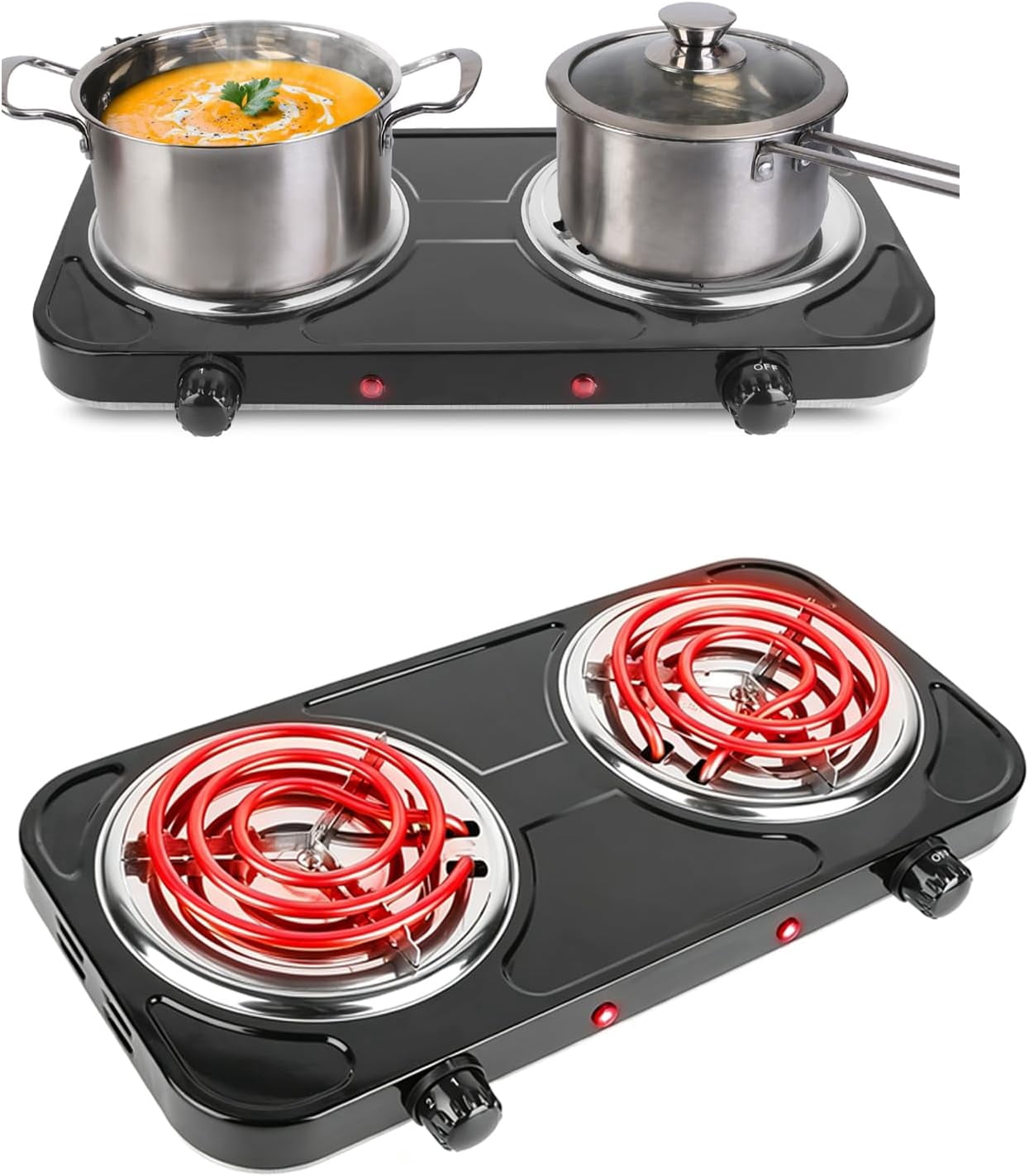 2000W Electric Double Burner Coil Stove-Portable Hot Plate Electric for Cooking, Countertop RV Hotplate with Non-Slip Rubber Feet and 5 Temperature Adjustments