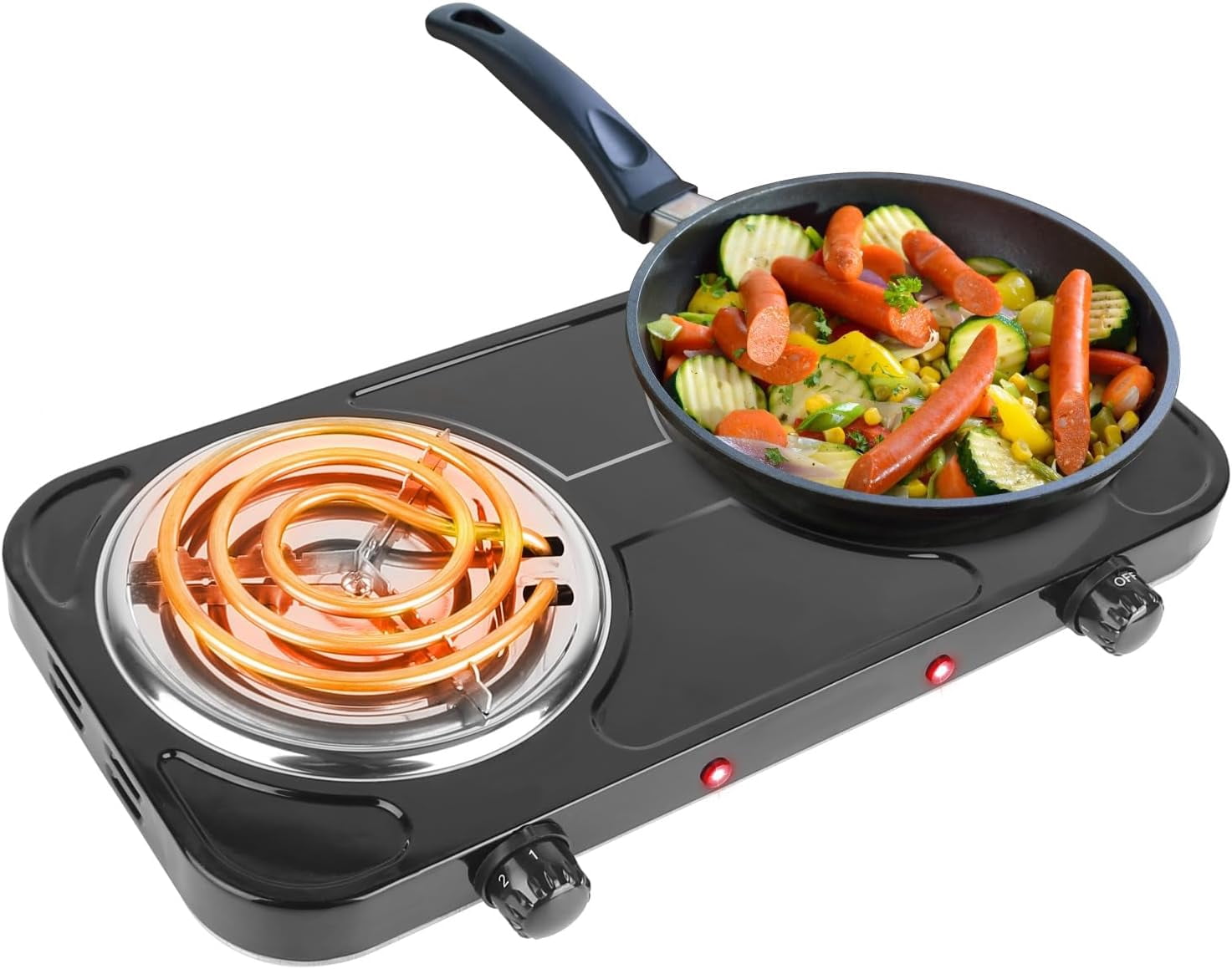 2000W Electric Double Burner Coil Stove-Portable Hot Plate Electric for Cooking, Countertop RV Hotplate with Non-Slip Rubber Feet and 5 Temperature Adjustments
