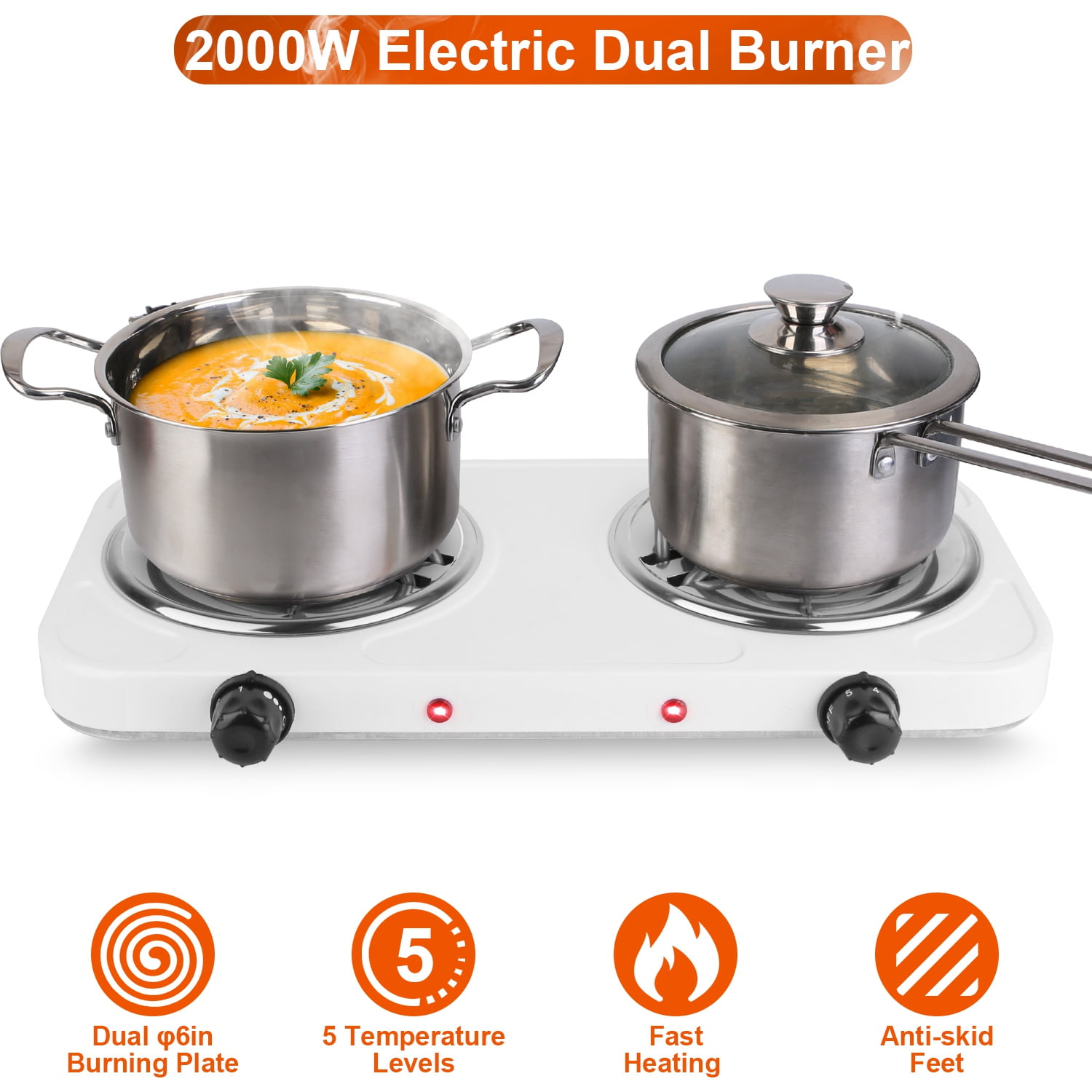2000W Electric Double Burner  5 Temperature Adjustments Portable Counter Stove with Hot Plates Home Camping