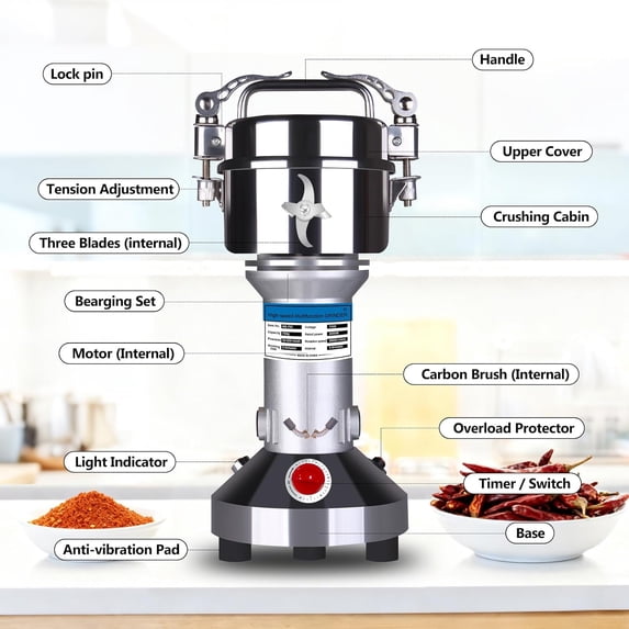 2000W Electric Grain Grinder Stainless Steel Commercial Dry Mill Ultra-Fine Powder for Wheat Rice Corn Spices Coffee High-Speed Flour Maker Home Kitchen Professional Use