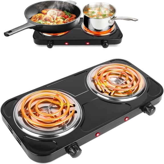2000W Electric Hot Plate,Portable Stove Countertop Double Coil Burners W/Dual Control&5 Level Temperature Control, Easy to Clean,Lightweight Cast Iron for Home Camp RV 110V