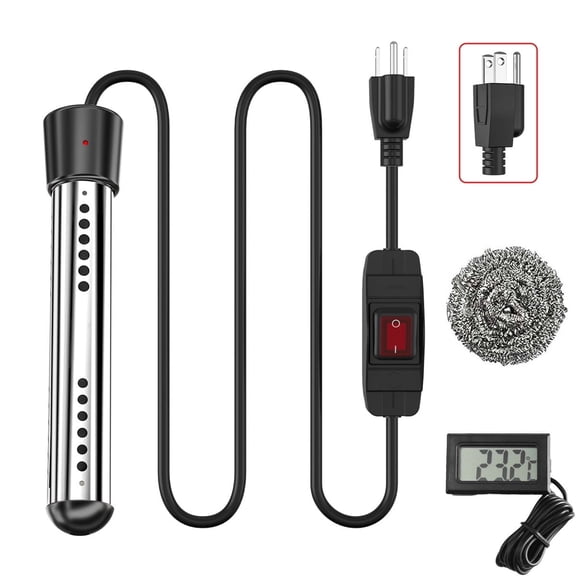 2000W Electric Immersion Water Heater with Timer & LCD Thermometer - Stainless Steel Guard for Bucket, Bathtub, Pool, Camping - 110V Portable Instant Heating Rod,Black, with switch