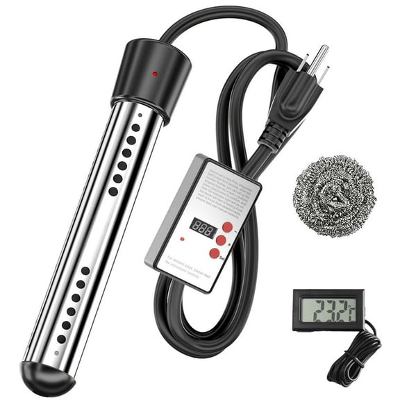 2000W Electric Immersion Water Heater with Timer & LCD Thermometer - Stainless Steel Guard for Bucket, Bathtub, Pool, Camping - 110V Portable Instant Heating Rod,Black