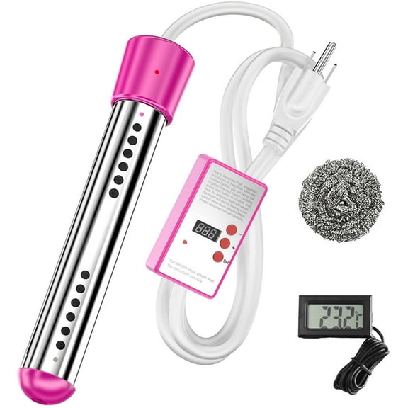 2000W Electric Immersion Water Heater with Timer & LCD Thermometer - Stainless Steel Guard for Bucket, Bathtub, Pool, Camping - 110V Portable Instant Heating Rod,Pink