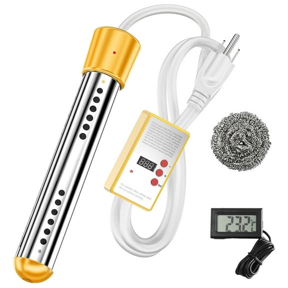 2000W Electric Immersion Water Heater with Timer & LCD Thermometer - Stainless Steel Guard for Bucket, Bathtub, Pool, Camping - 110V Portable Instant Heating Rod,Yellow