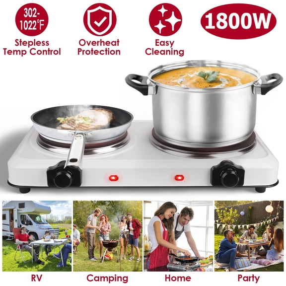 2000W Electric Infrared Dual Burner Portable Heating Hot Plate Stove Countertop RV Hotplate with 7.5' & 6.3' Glass Cooktop Stepless Temperature Adjustments for Home RV Camp