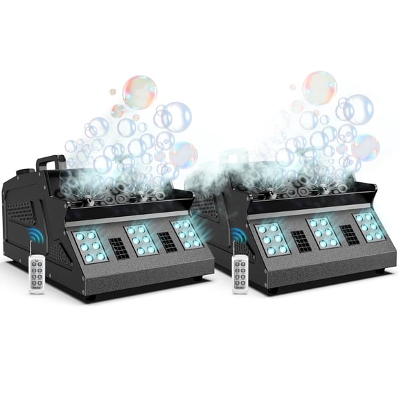 2000W Fog Machine, 3 in 1 Fog Bubble Machine with 2 Bubble Fans, 18 RGB LED Lights Smoke Bubble ALL IN ONE Fog Machine, Bubble Machine for Halloween Christmas Party Wedding, 2 Pack
