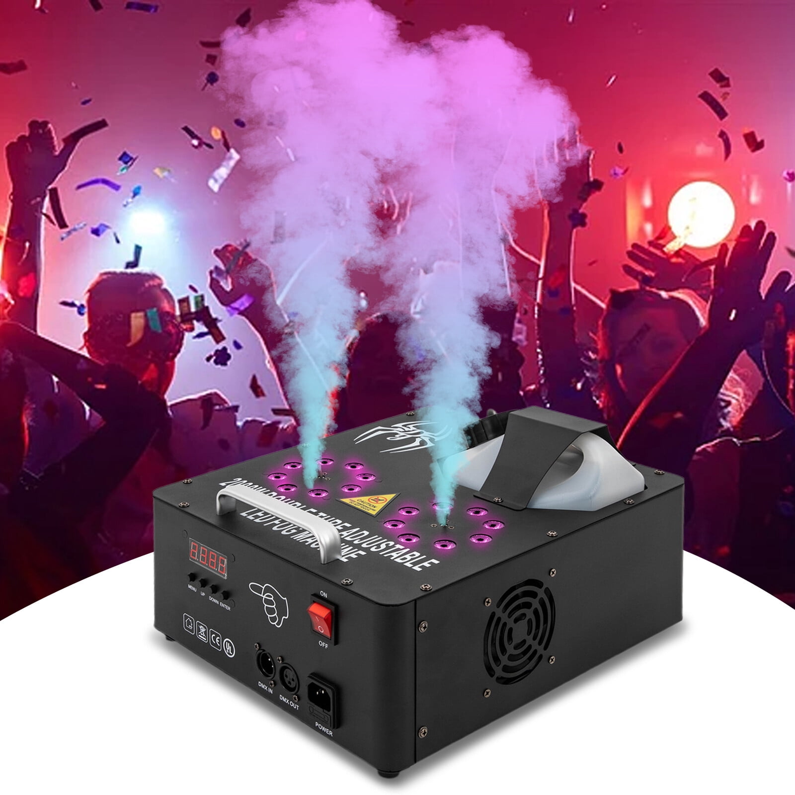 2000W Fog Machine for Halloween, DMX RGB 3-in-1 16 LED Smoke Machine Stage Lighting Vertical Spray w/Remote Control, AC 110-120V