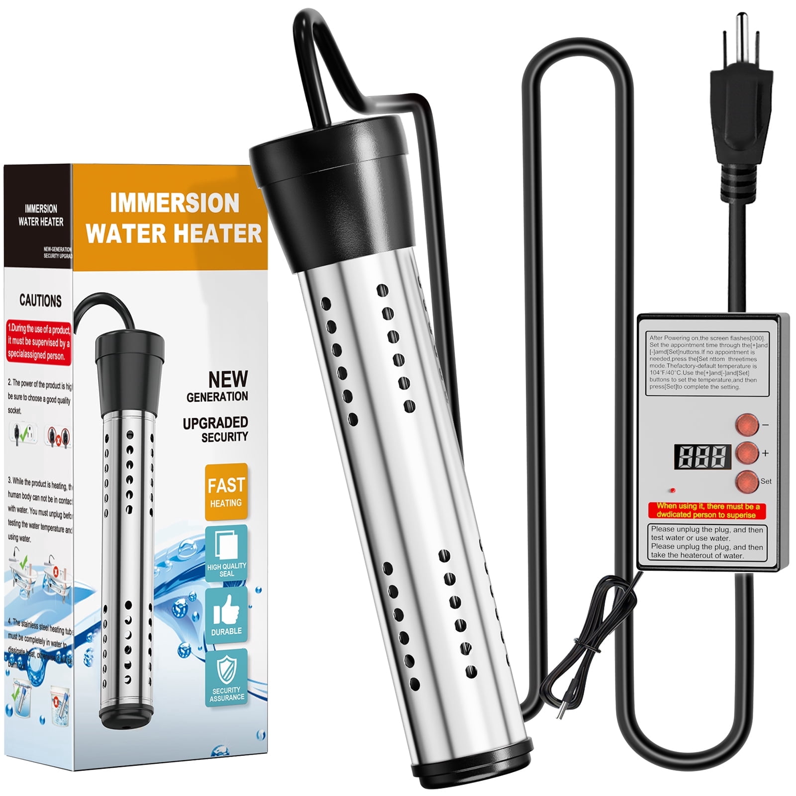 2000W Immersion Water Heater with Thermostat  Floating Bucket Heater with Timing Temperature Control Setting Auto Shut-Off 304 Stainless-Steel Guard Water Heater Rapid Heating in Minutes