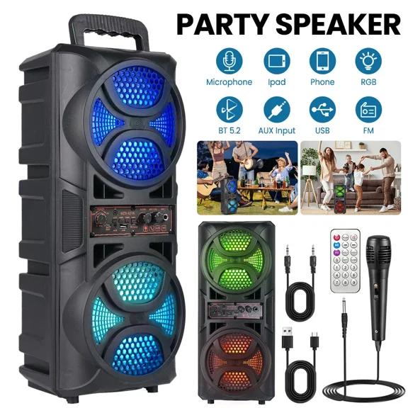 2000W Portable Bluetooth Speaker Sub Woofer Heavy Bass RGB Party with FM Radio
