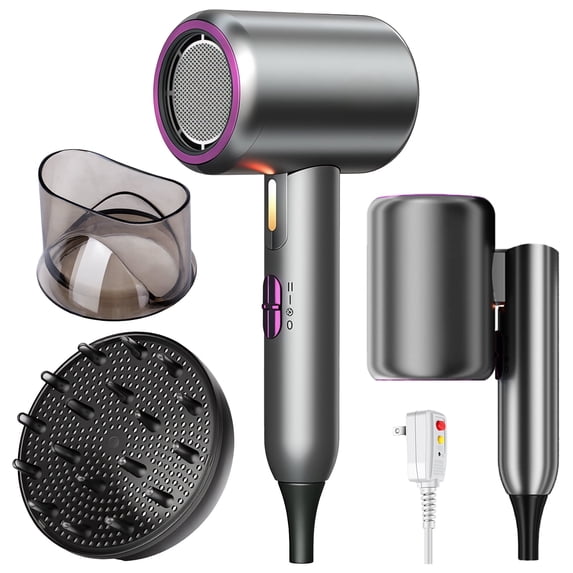 2000W Ionic Hair Dryer, Foldable Fast Drying Blow Dryer with Diffuser & Concentrator Nozzles for Home and Travel Use, Grey