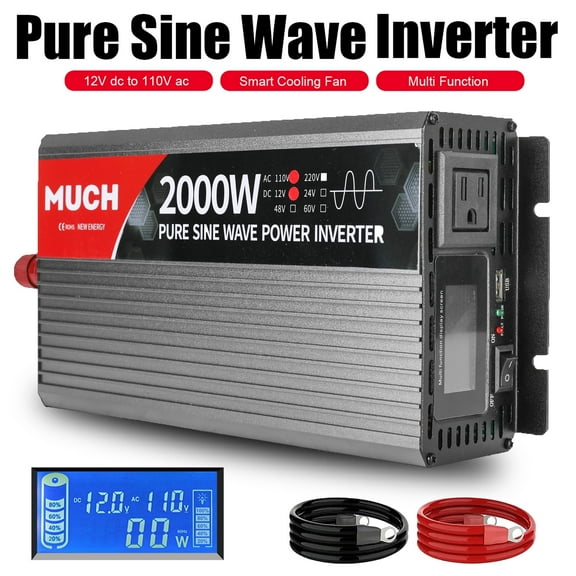 2000W Power Inverter 12V DC to 110V 120V AC, Pure Sine Wave Car Inverter with USB Port & LCD Display, for Vehicles, Outdoor Travel, Emergency Use