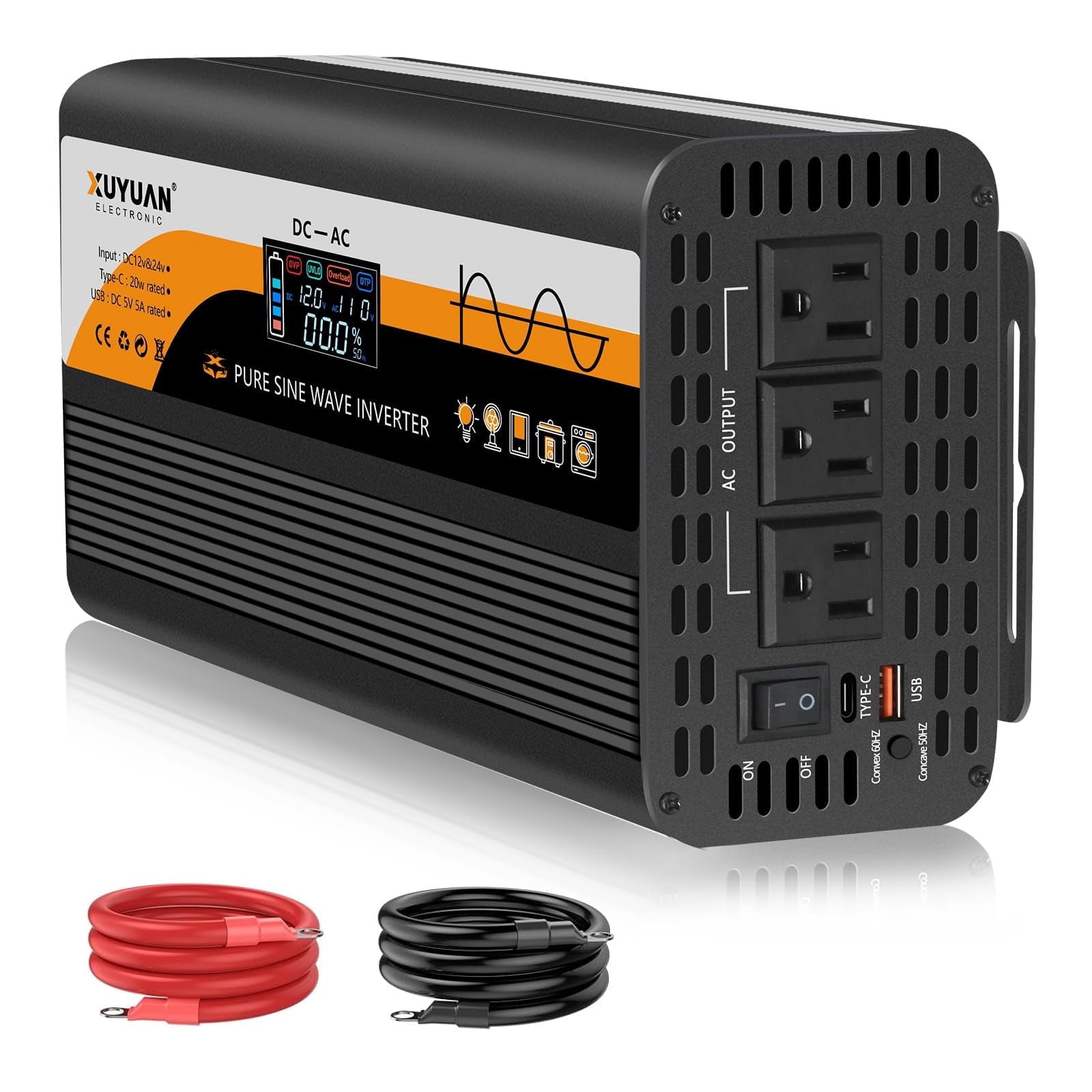 2000W Pure Sine Wave Inverter, 12V to 110V, LCD Display, Type-C Fast ...
