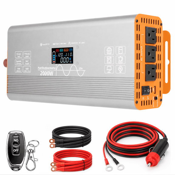 2000W Pure Sine Wave Inverter, 12V to 110V, LCD Display, Type-C Fast Charging, Silent Design, Overload & Overheat Protection for RV, Home Grey