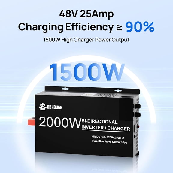 2000W Pure Sine Wave Inverter + 48V 25A Lithium Battery Charger, 3 AC Outlets, 48V DC to 120V AC Power Supply for Off-Grid Power, Home Backup, Outdoor Power Stations, Golf Carts Batteries