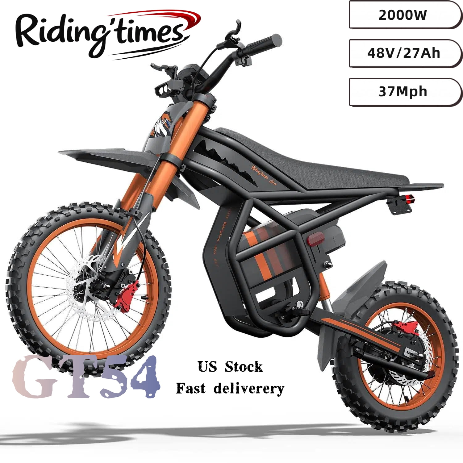 2000W Riding'times GT54 Electric Dirt Bike for Teens Adults 37MPH,48V27AH Electric Motorcycle with 14"/12" Fat Tire Ebike,Dual Hydraulic Brakes Mountain Off-Road Ebike for Ages 13+UL2849