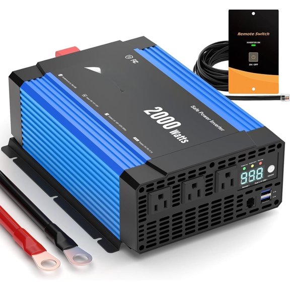 2000W Sine Wave Inverter, LCD Display, Remote Controller | 4000W Surge, 3 AC Outlets, USB, 89% , 52dB Silent, 11 Protections, for RV